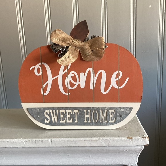 NWT HOME SWEET HOME Slatted Solid Wood & Galvanized Pumpkin Decor Sign 🍁s & Bow - Picture 8 of 17